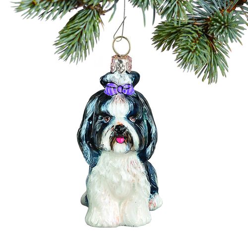 Glass Shih Tzu with Top Knot Black and White Holiday Ornament