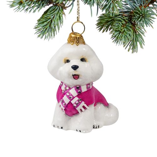 Glass Bichon Frise with Pink Velvet Coat and Scarf Holiday Ornament