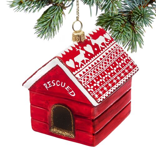Glass Rescued Dog House Holiday Ornament