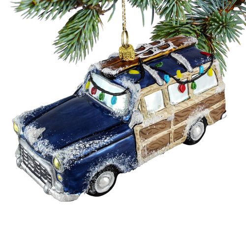 Glass Woody Car with Skies Holiday Ornament