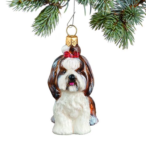 Glass Shih Tzu with Top Knot Brown and White Holiday Ornament