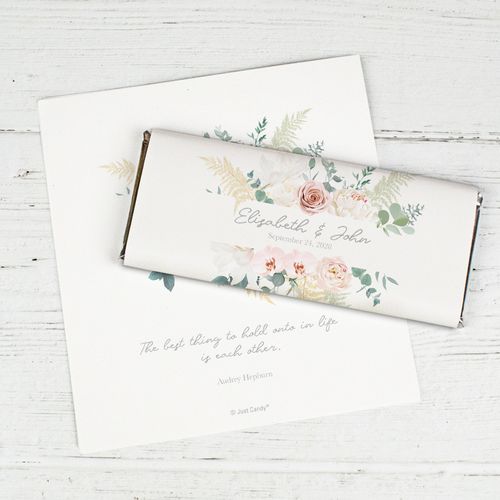 Personalized White Botanical Wedding Favor Chocolate Bar Wrappers