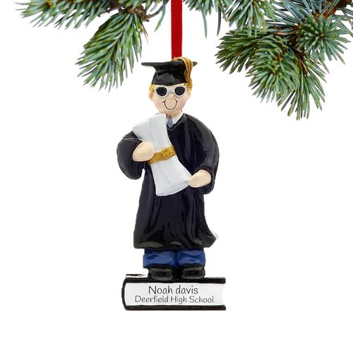 Personalized Graduate Boy on a Stack of Books Holding a Diploma Holiday Ornament