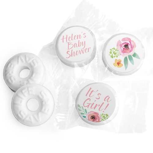 Personalized Life Savers Mints - Bonnie Marcus Baby Shower Watercolor Blossom Wreath Pink