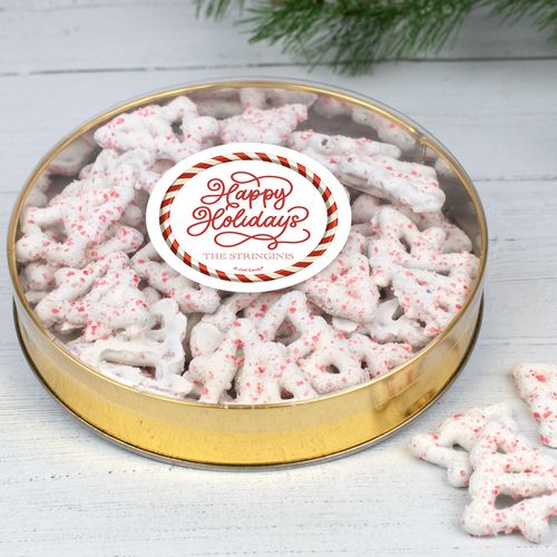 Personalized Happy Holiday Swirls Large Tin with Peppermint Yogurt Tree Pretzels (40pcs)