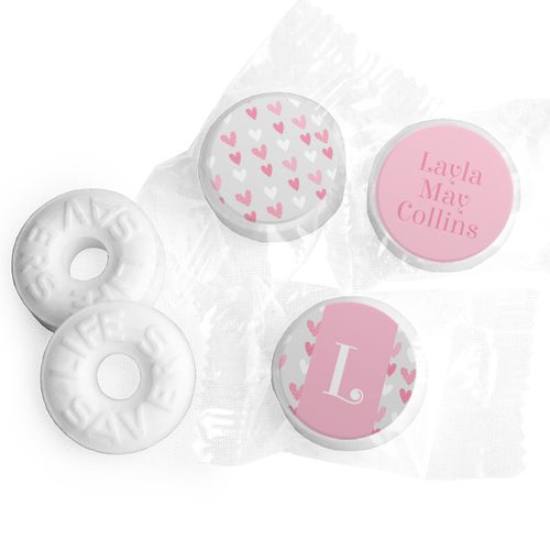 Bonnie Marcus Collection Personalized LIFE SAVERS Mints Pink Hearts Birth Announcement