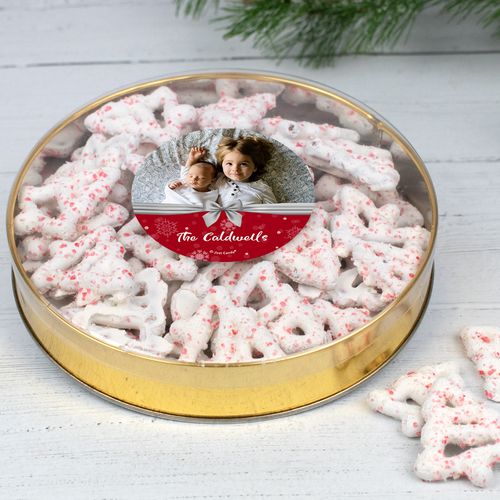 Personalized Welcoming Joy Large Tin with Peppermint Yogurt Tree Pretzels (40pcs)
