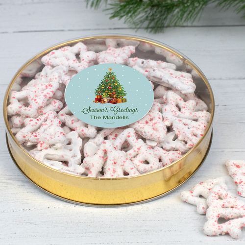 Personalized Season's Greetings Large Tin with Peppermint Yogurt Tree Pretzels (40pcs)