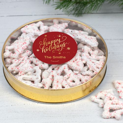 Personalized Happy Holidays Large Tin with Peppermint Yogurt Tree Pretzels (40pcs)