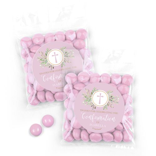 Personalized Confirmation Cross Greenery Candy Bags - Pink Just Candy Milk Chocolate Minis