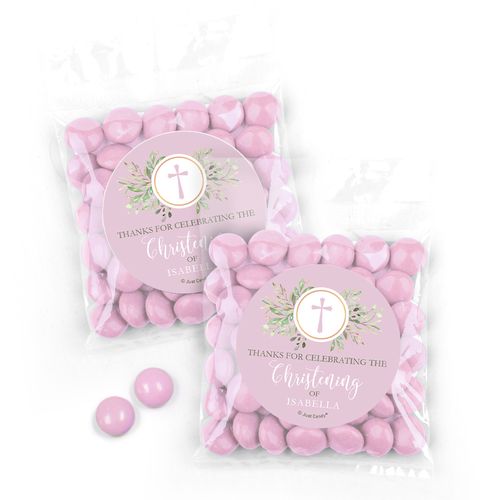 Personalized Christening Cross Greenery Candy Bags - Pink Just Candy Milk Chocolate Minis