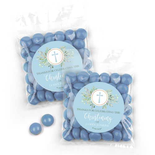 Personalized Christening Cross Greenery Candy Bags - Blue Just Candy Milk Chocolate Minis