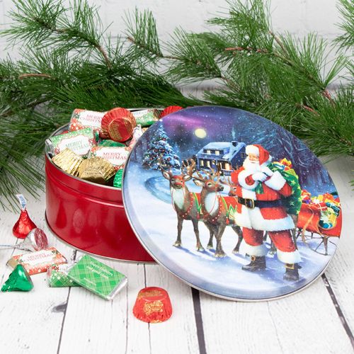 Personalized Santa with Reindeer 1.5 lb Happy Holidays Hershey's Mix Tin