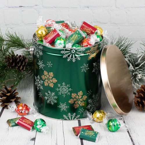 Emerald Snowfall Happy Holidays 3lb Tin Hershey's Miniatures & Lindt Truffles
