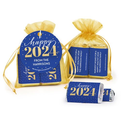 Personalized Bonnie Marcus New Year's Eve Royal Glitz Hershey's Miniatures in Organza Bags with Gift Tag