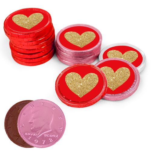Bonnie Marcus Collection Valentine's Day Glitter Heart Milk Chocolate Red, Pink and White Coins with Stickers (84 Pack)