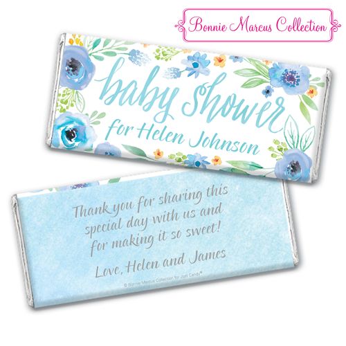 Personalized Bonnie Marcus Chocolate Bar & Wrapper - Baby Shower Blue Watercolor Wreath