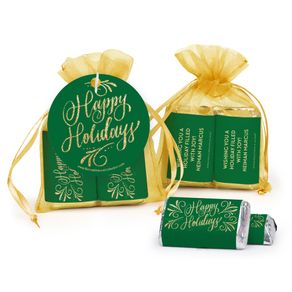 Personalized Happy Holidays Flourish Hershey's Miniatures in Organza Bags with Gift Tag