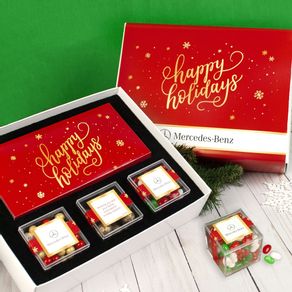 Personalized Golden Happy Holidays Add Your Logo Premium Gift Box with Lindt Milk Chocolate Bar & 3 JUST CANDY® favor cubes