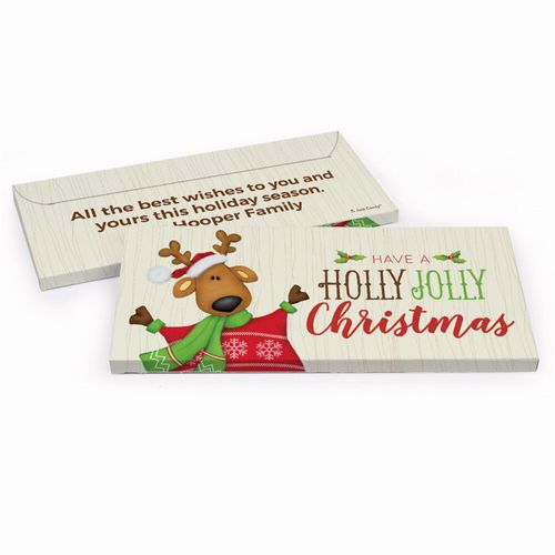 Deluxe Personalized Holly Jolly Reindeer Christmas Candy Bar Favor Box