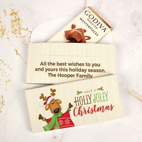Deluxe Personalized Holly Jolly Reindeer Christmas Godiva Chocolate Bar in Gift Box