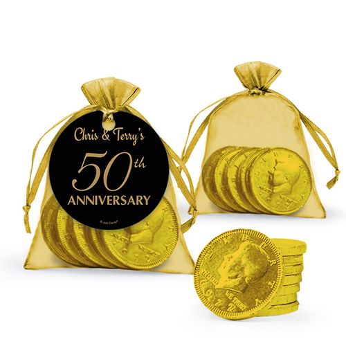 Personalized 50th Anniversary Favor Assembled Gift tag, Organza Bag Filled with Milk Chocolate Coins