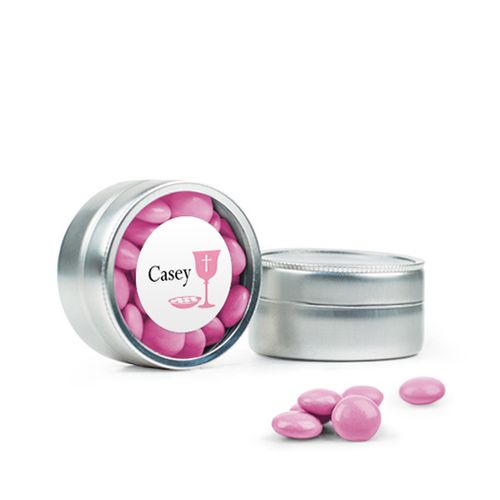 Personalized Girl First Communion Favor Assembled Mini Round Tin Filled with Just Candy Milk Chocolate Minis