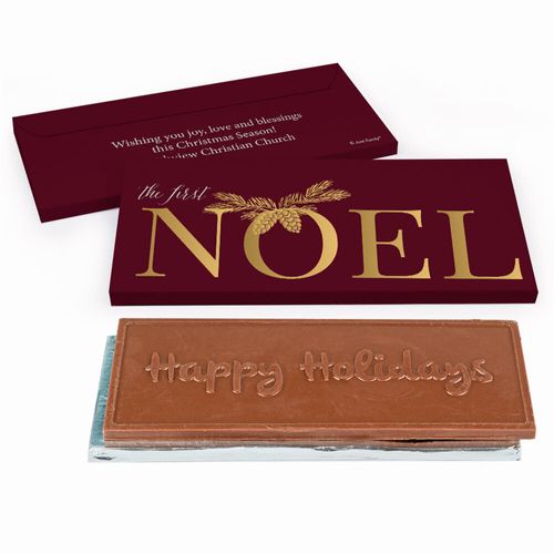 Deluxe Personalized First Noel Christmas Embossed Happy Holidays Chocolate Bar in Gift Box