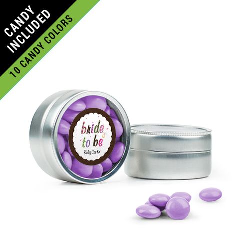 Personalized Bridal Shower Favor Assembled Mini Round Tin Filled with Just Candy Milk Chocolate Minis