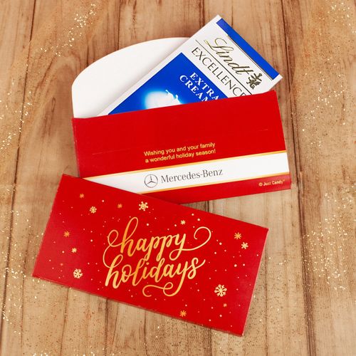 Deluxe Personalized Happy Holidays Snowflakes Lindt Chocolate Bar in Gift Box (3.5oz)