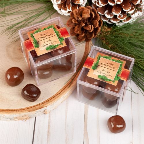 Personalized Christmas Brown Paper Package JUST CANDY® favor cube with Premium Milk & Dark Chocolate Sea Salt Caramels