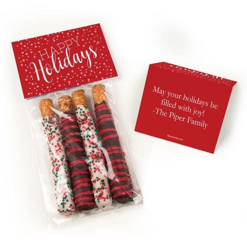 Personalized Happy Holidays Belgian Chocolate Covered Pretzel Sticks (4pcs)