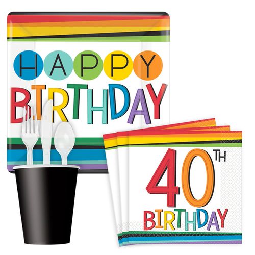 Rainbow Happy 40th Birthday Standard Tableware Kit Serves 8