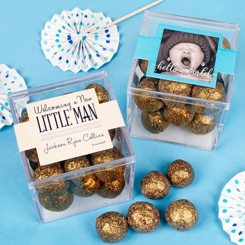 Personalized Boy Birth Announcement JUST CANDY® favor cube with Premium Sparkling Prosecco Cordials - Dark Chocolate