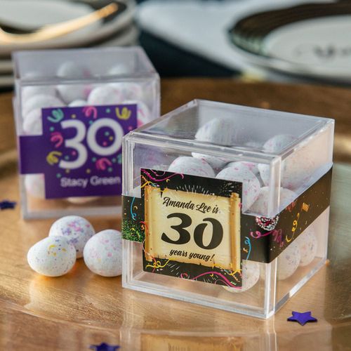 Personalized Milestone 30th Birthday JUST CANDY® favor cube with Premium Confetti Cookie Bites