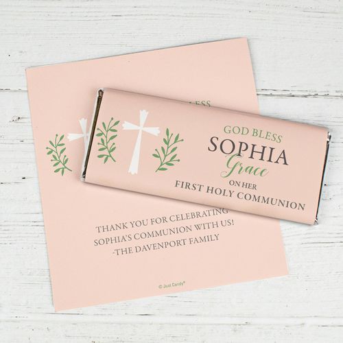 Personalized Communion Chocolate Bar Wrappers Only - God Bless Pink