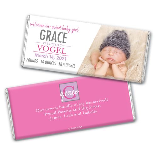 Personalized Pink Monogram Baby Girl Birth Announcement Hershey's Chocolate Bar & Wrapper