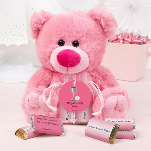Personalized Girl Communion Host & Chalice Pink Teddy Bear and Organza Bag with Hershey's Miniatures