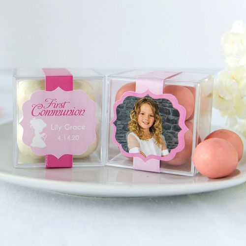 Personalized Girl First Communion JUST CANDY® favor cube with Premium Malted Milk Balls