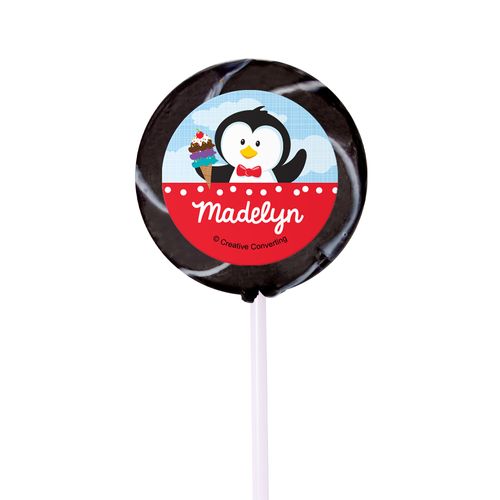Birthday Personalized Small Black Swirly Pop Penguin 1st Birthday (24 Pack)