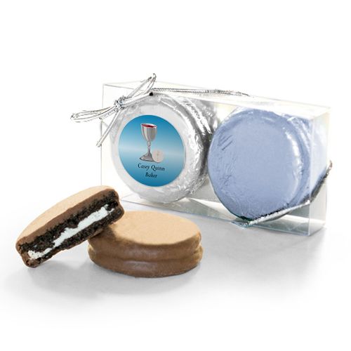 Personalized First Communion Blue Host & Silver Chalice 2PK Chocolate Covered Oreo Cookies