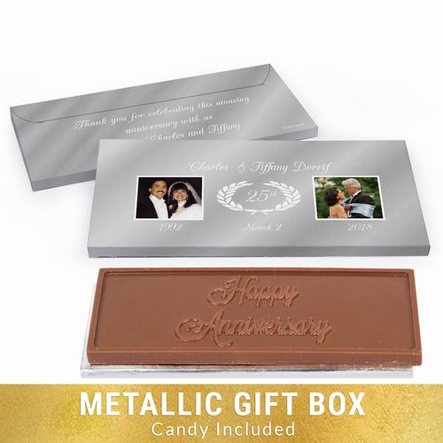 Deluxe Personalized Anniversary Gilded Fluer De Lis Chocolate Bar in Silver Metallic Gift Box