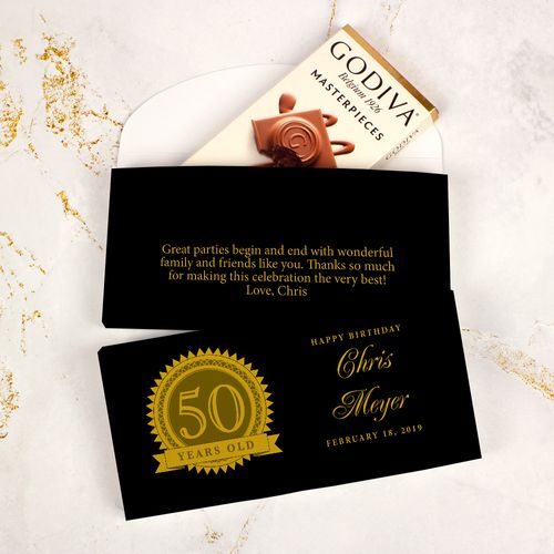 Deluxe Personalized Milestone 50th Birthday Seal Godiva Chocolate Bar in Gift Box