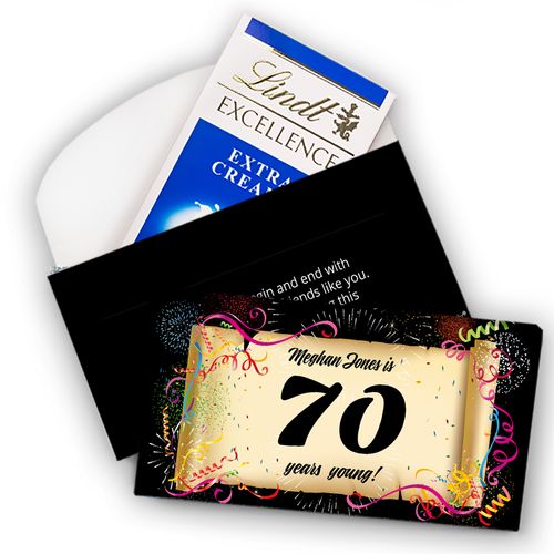Deluxe Personalized Milestone 70th Birthday Confetti Lindt Chocolate Bar in Gift Box (3.5oz)