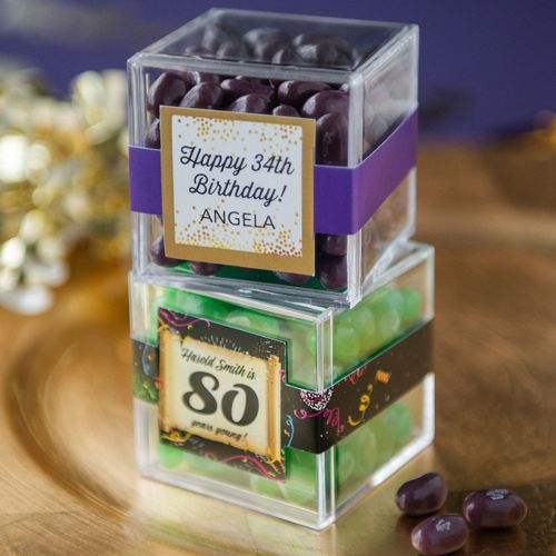 Personalized Milestone 80th Birthday JUST CANDY® favor cube with Jelly Belly Jelly Beans