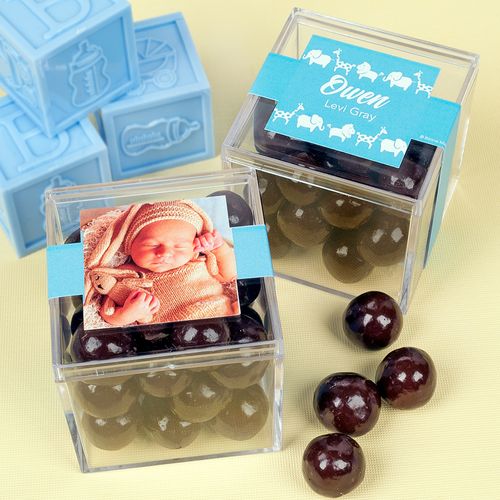 Personalized Boy Birth Announcement JUST CANDY® favor cube with Premium Rum Cordials - Dark Chocolate