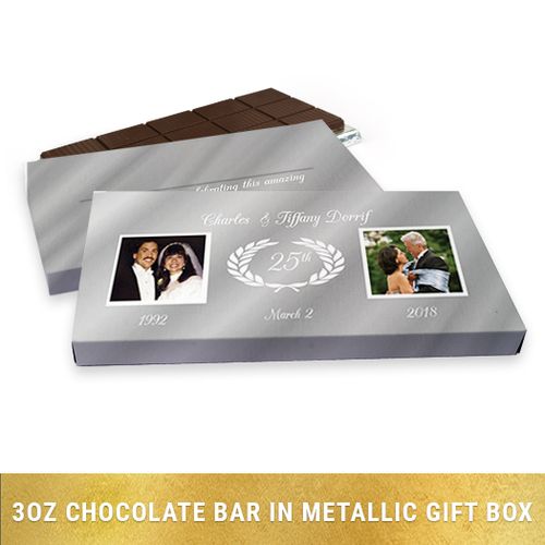 Deluxe Personalized Anniversary Gilded Fluer De Lis Chocolate Bar in Silver Metallic Gift Box