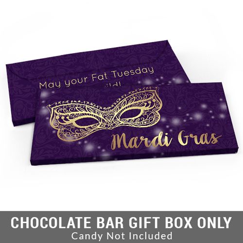 Deluxe Personalized Golden Elegance Mardi Gras Candy Bar Favor Box