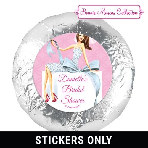 Personalized 1.25" Stickers - Bonnie Marcus Wedding Beautiful Bride with Bow Brunette (48 Stickers)