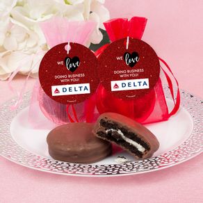 Personalized Valentine's Day Corporate Dazzle Add Your Logo Milk Chocolate Covered Oreo in Organza Bags with Gift Tag